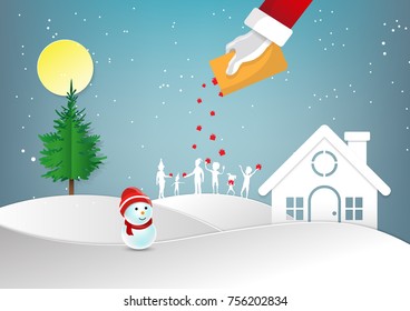 Merry Christmas and Happy New Year concept family happy.Vector illustration of Santa Claus on the sky coming to City give gifts ,paper art and craft style.