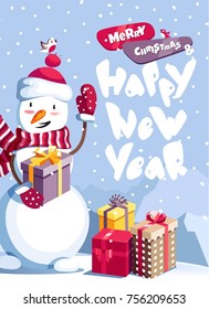 Merry Christmas and Happy New Year vector background with cute snowman and typographic design. Winter cartoon illustration