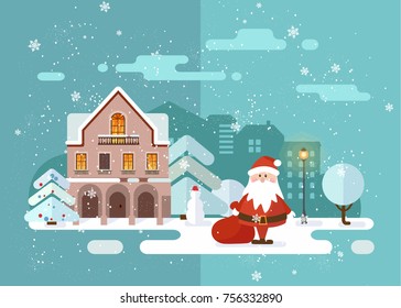 Merry Christmas and Happy New Year snowy city Background. Winter City Landscape. cozy home. Christmas eve in old town.
Christmas greeting card background poster. Vector illustration. Santa Clause with