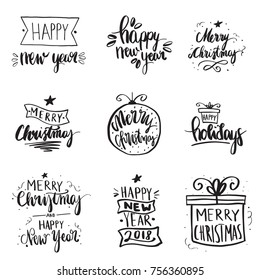 Merry Christmas and Happy New Year 2018 handdrawn emblems set isolated on white background. Merry Christmas and Happy New Year Lettering Design Set. 