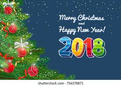 Merry christmas and happy new year greeting card with decorated christmas tree