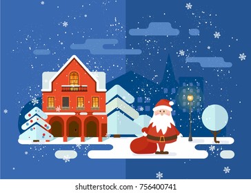 
Merry Christmas and Happy New Year snowy city Background with Winter City Landscape. cozy house and trees. Christmas Eve in old town.
Greeting card background poster. Vector illustration.
