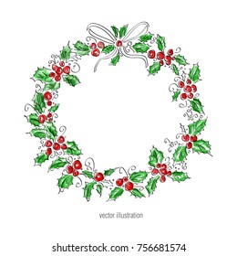 Merry Christmas and Happy New Year greeting wreath watercolor. vintage vector  illustration. 