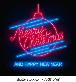 Merry Christmas and Happy New Year text. Vector glowing neon sign. Xmas card.