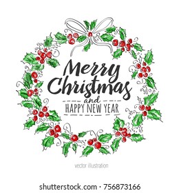 Merry Christmas and Happy New Year greeting wreath with lettering. vintage watercolor vector  illustration. 