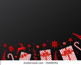 merry christmas and happy new year greeting gift boxs, golden glitter balls, stars, deer and ribbons decoration for flyers, poster, web, banner, and card vector illustration
