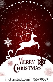 Merry Christmas. Happy New Year.
Deer in a winter Christmas background  with snow. paper art and craft style. Typographical Background With Christmas Elements.