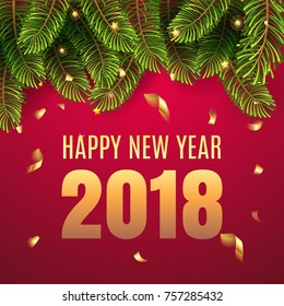 Merry Christmas and Happy New Year 2018 greeting card with Chrirstmas decor fir twigs and confetti and numbers 2018. Red and green christmas classic colors Vector illustration. EPS 10