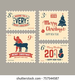 Merry Christmas and Happy New Year 2018 retro postage stamp with Santa Claus, Christmas tree, gifts and reindeer. Vector illustration.