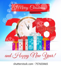 Merry Christmas and Happy New Year 2018 Vector Greeting Card. 2018 Lettering, Text Design. Red Ribbon Banner, Big Gold Wall Clock Face Showing Five to Twelve, Red Bow, Multicolored Gift Boxes.