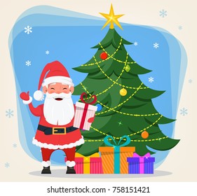 Merry Christmas and a Happy New Year greeting card with smiling Santa Claus standing near Christmas tree with presents under it. Funny cartoon character. Vector illustration.