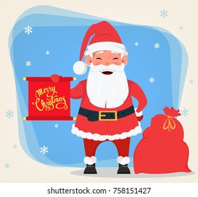 Merry Christmas and a Happy New Year greeting card with smiling Santa Claus standing near bag with presents and holding red placard with greetings. Funny cartoon character. Vector illustration.