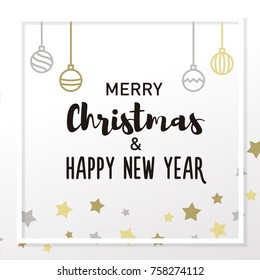 Merry Christmas and Happy New Year background with christmas elements, text with different fonts and frame. Vector design