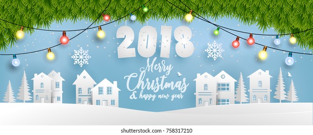Merry Christmas and Happy New Year. Christmas illustrations and gifts. beautiful background christmas with homes and snowy hills. paper art design