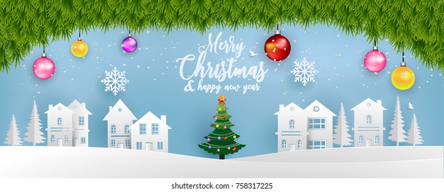 Merry Christmas and Happy New Year. Christmas illustrations and gifts. beautiful background christmas with homes and snowy hills. paper art design