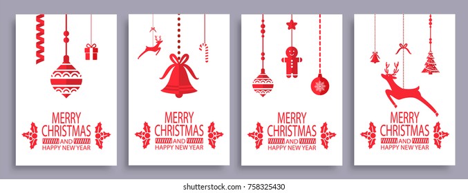 Merry Christmas and happy New Year set of posters isolated on white background. Vector illustration with xmas tree surrounded by cookies, glass balls and deer