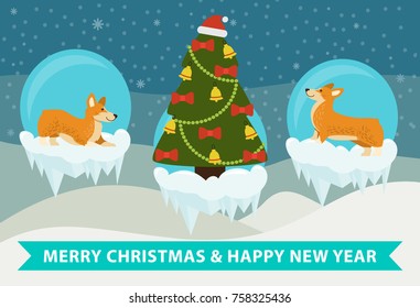 Merry Christmas and happy New Year corgi congrats on snowy background. Vector illustration with decorated xmas tree surrounded by two happy cute dogs