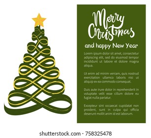 Merry Christmas Happy New Year poster with tree made of wavy abstract lines, topped by golden star vector illustration web banner with place for text