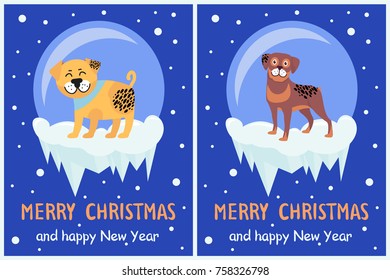 Merry Christmas and happy New Year banners set with cute puppies on snowy glass balls with ice greeting cards design with text on snowflakes backdrop