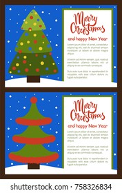 Merry Christmas and Happy New Year posters tree made up of red tinsel placed on borders, celebration symbol of winter holidays vector illustrations set