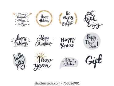 Merry Christmas and Happy New Year white card with many wish signs. Vector illustration in cartoon style of congratulation with New Year, hello winter, eat, drink and enjoy, wishing holly jolly