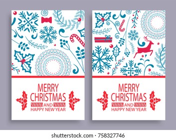 Merry Christmas and happy New Year, set of covers with titles and patterns, leaves and deer, candy and present, ball and snowflake vector illustration