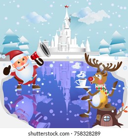 Merry Christmas and a happy new year. on ice reflex and the big castle background.