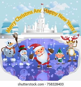 Merry Christmas and a happy new year. on ice reflex and the big castle background.