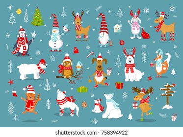 Frohe Weihnachten glücklich neue Jahr Winter Cartoon süße lustige Tiere in Santa Hüte Schals mit Geschenksammlung. Eisbären, Rentiere, Hirsche, Fuchs, Katze, Hund, Wolf, Kaninchen, Pinguin, Eule, Vögel, Gnome 