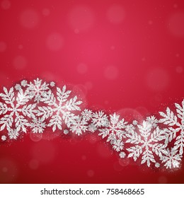 Merry Christmas and Happy New Year greeting card with silver glittering snowflakes wave on red background