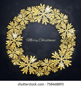 Merry Christmas and Happy New Year greeting card with gold glittering snowflakes wreath on dark background. Winter seasonal holiday background with circlet of snowflakes