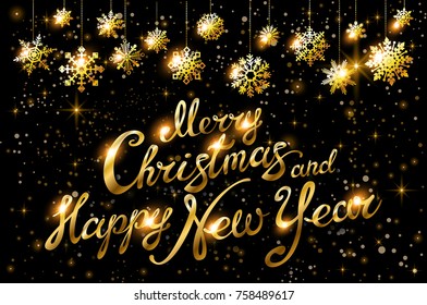 Merry Christmas and Happy New Year gold Shiny Glitter. Calligraphy Typographical on golden Xmas background with winter landscape with snowflakes card. Vector Illustration art