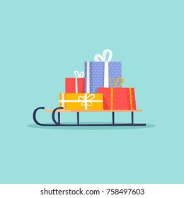 Merry Christmas and Happy new year. Gifts lie on a sleigh. Flat design vector illustration.