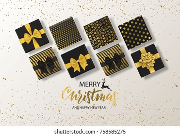 Merry Christmas and Happy New Year background with gift box and confetti. Modern design.Universal vector background for poster, banners, flyers, card.