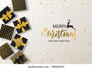 Merry Christmas and Happy New Year background with gift box and confetti. Modern design.Universal vector background for poster, banners, flyers, card.