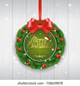 merry christmas and happy new year greeting typography, christmas tree with wreath and ribbons decoration for flyers, poster, web, banner, and card vector illustration