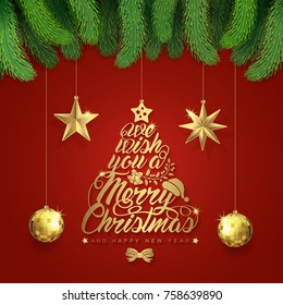 merry christmas and happy new year typography, santa’s hat, christmas tree, glitter balls, hanging stars, ribbons and snow decoration for flyers, poster, web, banner, and card vector illustration