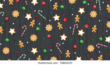 Merry Christmas and Happy New Year horizontal Background. Winter traditional sweets, biscuit cookie, lollipops, candies, candy cane, gingerbread Man on a wooden black table. For web or printing Vector