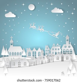 Merry Christmas and Happy New Year vector illustration with winter  landscape, Santa Claus on the sky coming to city, paper art and craft style.

