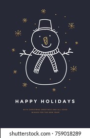 Merry Christmas and Happy New Year greeting card with hand drawn snowman and golden snowflakes. Vector illustration.