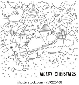 
Merry Christmas and Happy New Year vector Coloring page with snowflakes, christmas balls, santa, bear, bunny and kids