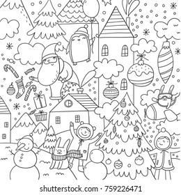 
Merry Christmas and Happy New Year vector Coloring page with snowflakes, christmas balls, santa, bear, bunny and kids
