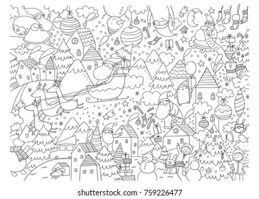 
Merry Christmas and Happy New Year vector Coloring page with snowflakes, christmas balls, santa, bear, bunny and kids