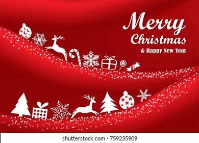 Merry Christmas and Happy New Year on red background. Greeting Card Xmas. Vector Illustration.