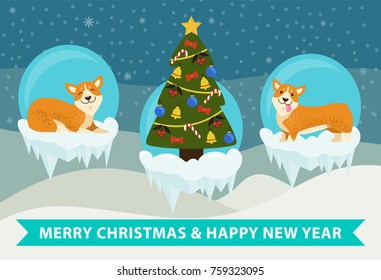 Merry Christmas and happy New Year poster with cute puppies on icy cliffs, decorated Xmas tree in center vector illustration winter landscape