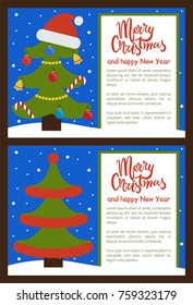 Merry Christmas and Happy New Year posters with tree ornated with toys in forms of candies and bells, balls and garlands, big red hat of Santa vector