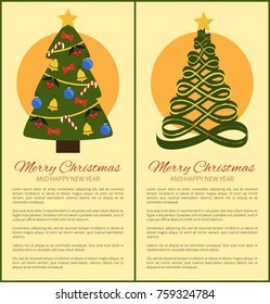 Merry Christmas and Happy New Year posters abstract trees symbols of holiday, candies and bells, garlands and ribbons, mistletoe and star, vector