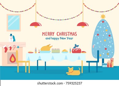 Merry Christmas and happy New Year, banner with served table, fireplace and traditional decorated tree, dog and presents on vector illustration