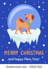 Merry Christmas and Happy New Year 2018 symbol happy dog on dark snowy background. Vector illustration with cute smiling pet in colorful collar