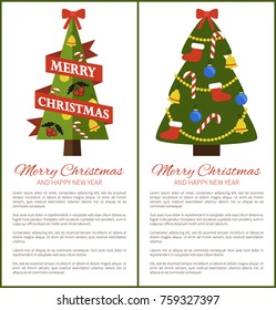 Merry Christmas and Happy New Year posters with pine tree holiday symbol, ribbon and headline, bells and candy mistletoe vector illustrations